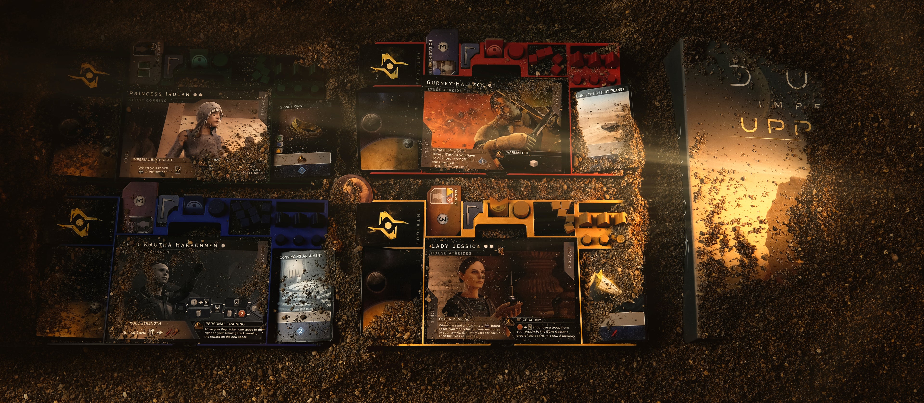 Dune Imperium Uprising Playmode PlaySystem player trays marketing photo